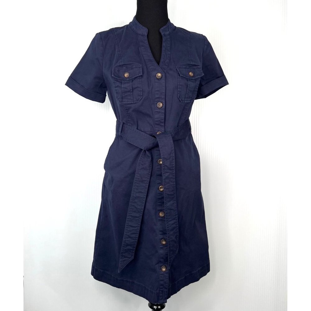 Boden Womens Shirt Dress 6R Navy Blue Shirtwaist Knee Length Short Sleeve V Neck